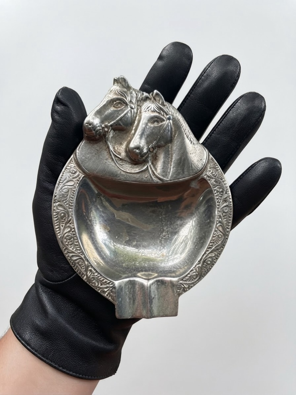 Vtg German Silver Equestrian Double Horse Head Trinket Tray Ashtray